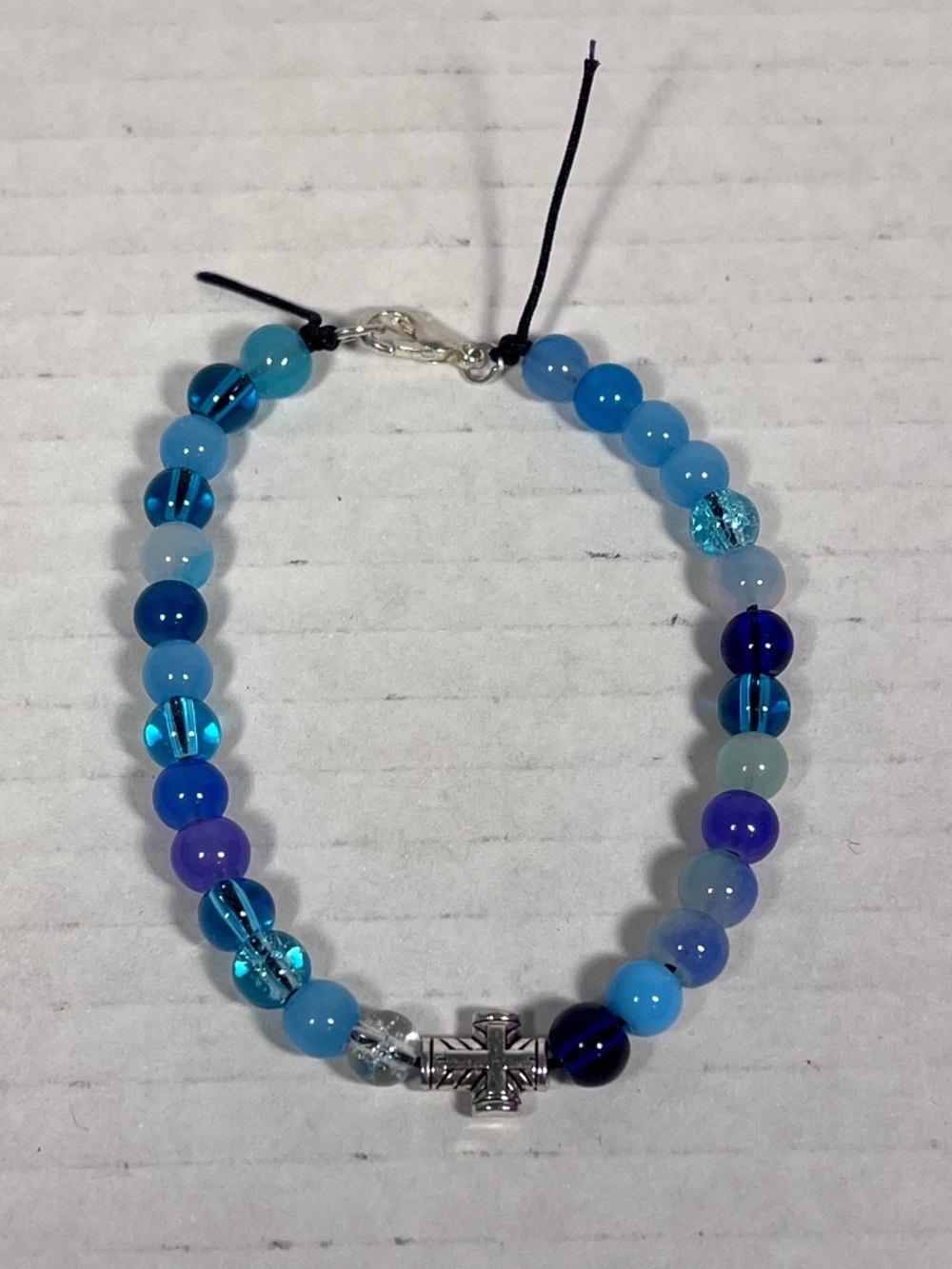 Mini Silver Cross Blue Glass Bead Bracelet ~7.50 inches